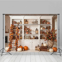 Lofaris Elegant Autumn Bookshelf Photography Backdrop with Pumpkins and Fall Leaves Decor Rustic Seasonal Scene