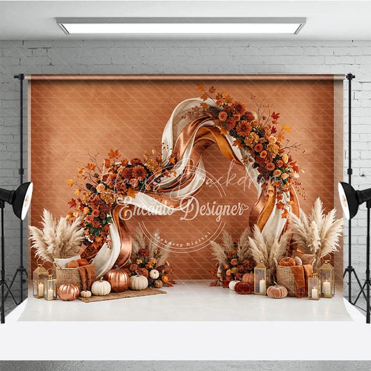 Lofaris Elegant Autumn Floral Arch Photography Backdrop with Pumpkins and Pampas Grass Fall Harvest Party Decor