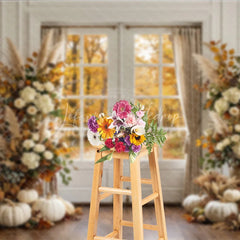 Lofaris Elegant Autumn Forest Photography Backdrop with Double Doors White Pumpkins and Pampas Grass Decor