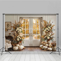 Lofaris Elegant Autumn Forest Photography Backdrop with Double Doors White Pumpkins and Pampas Grass Decor