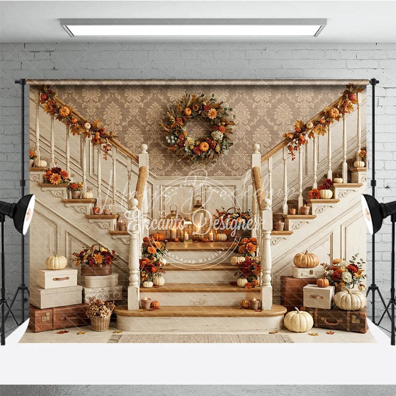 Lofaris Elegant Autumn Harvest Staircase Photography Backdrop with Pumpkins and Fall Decor Warm Tones for Thanksgiving