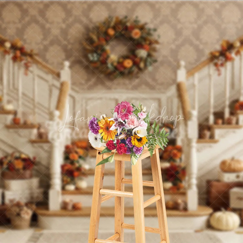 Lofaris Elegant Autumn Harvest Staircase Photography Backdrop with Pumpkins and Fall Decor Warm Tones for Thanksgiving