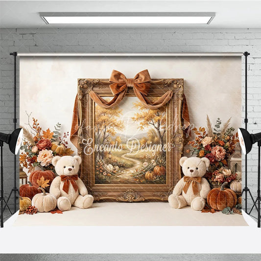 Lofaris Elegant Autumn Photography Backdrop with Golden Frame Velvet Ribbon Fall Foliage and Teddy Bears
