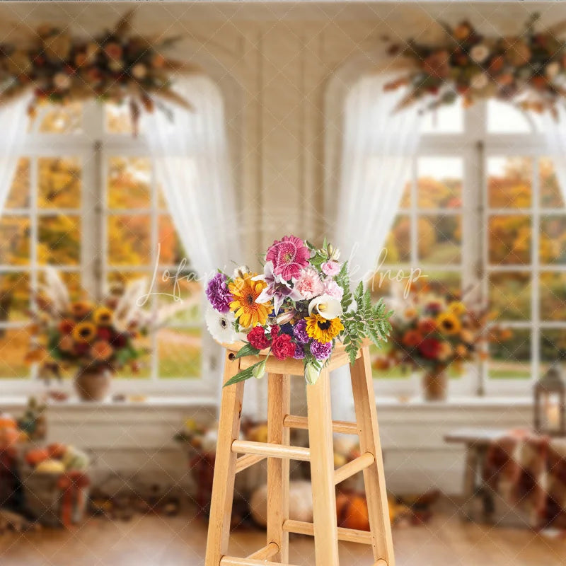 Lofaris Elegant Autumn Window Photography Backdrop with Golden Fall Foliage Pumpkins and Sunflowers