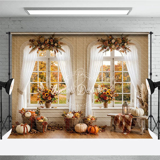 Lofaris Elegant Autumn Window Photography Backdrop with Golden Fall Foliage Pumpkins and Sunflowers