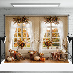 Lofaris Elegant Autumn Window Photography Backdrop with Golden Fall Foliage Pumpkins and Sunflowers