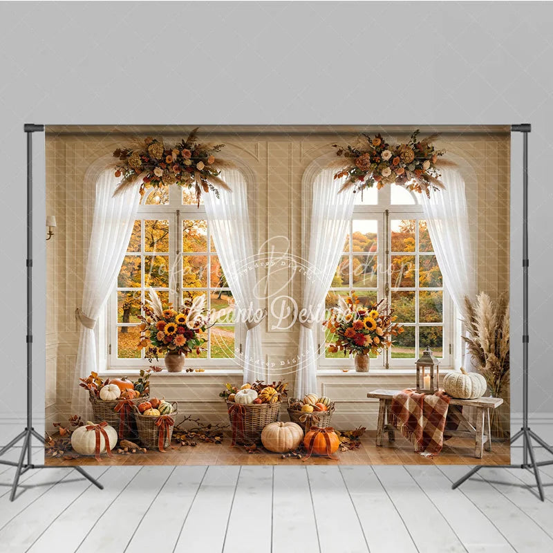 Lofaris Elegant Autumn Window Photography Backdrop with Golden Fall Foliage Pumpkins and Sunflowers
