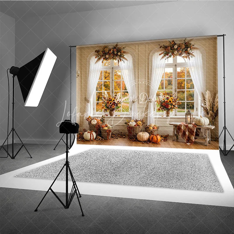 Lofaris Elegant Autumn Window Photography Backdrop with Golden Fall Foliage Pumpkins and Sunflowers