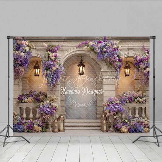 Lofaris Elegant Balcony Photography Backdrop with Purple Wisteria Architectural Columns Wedding Photo Background