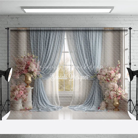 Lofaris Elegant Ballroom Photography Backdrop Blue Curtains with Pink Flowers Palace Wedding Photo Background