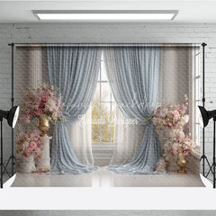 Lofaris Elegant Ballroom Photography Backdrop Blue Curtains with Pink Flowers Palace Wedding Photo Background