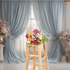 Lofaris Elegant Ballroom Photography Backdrop Blue Curtains with Pink Flowers Palace Wedding Photo Background