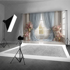 Lofaris Elegant Ballroom Photography Backdrop Blue Curtains with Pink Flowers Palace Wedding Photo Background