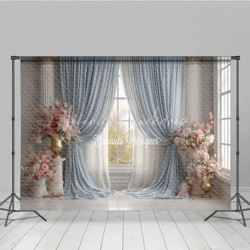 Lofaris Elegant Ballroom Photography Backdrop Blue Curtains with Pink Flowers Palace Wedding Photo Background