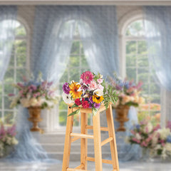 Lofaris Elegant Ballroom Photography Backdrop with Grand Windows Blue Drapes and Floral Classical Wedding Background
