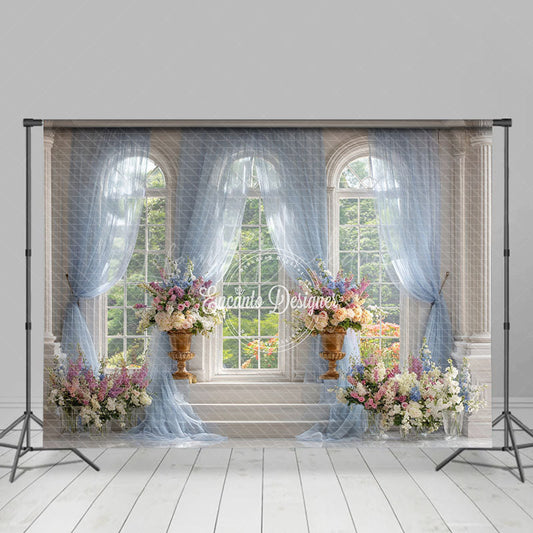 Lofaris Elegant Ballroom Photography Backdrop with Grand Windows Blue Drapes and Floral Classical Wedding Background