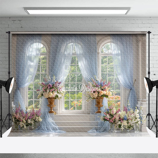 Lofaris Elegant Ballroom Photography Backdrop with Grand Windows Blue Drapes and Floral Classical Wedding Background