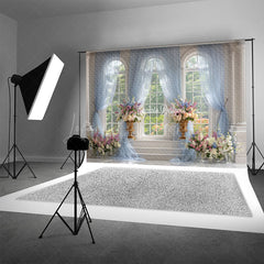 Lofaris Elegant Ballroom Photography Backdrop with Grand Windows Blue Drapes and Floral Classical Wedding Background