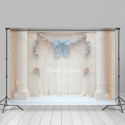 Lofaris Elegant Ballroom Photography Backdrop with White Columns Blue Bow and Floral Princess Themed Wedding Decor