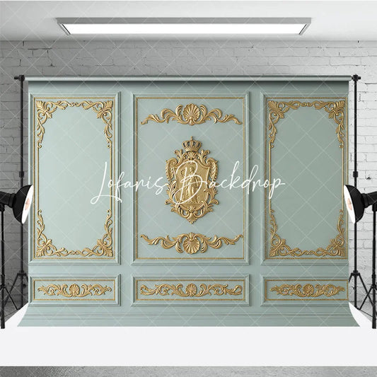 Lofaris Elegant Baroque Gold Ornate Moldings Photography Backdrop Light Blue Green Classical Wall Panel Decor for Portraits