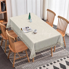 Lofaris Elegant Beige Fabric Rectangle Tablecloth with Scalloped Lace Border Classic Home Dining Table Decoration