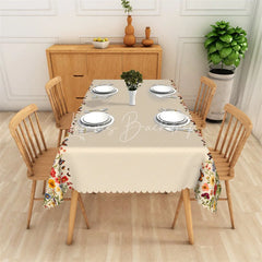 Lofaris Elegant Beige Floral and Butterfly Rectangle Tablecloth Scalloped Hem Dining Decor