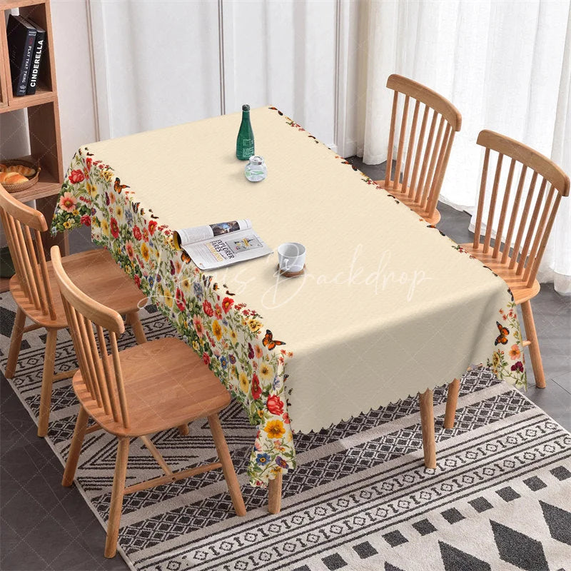 Lofaris Elegant Beige Floral and Butterfly Rectangle Tablecloth Scalloped Hem Dining Decor