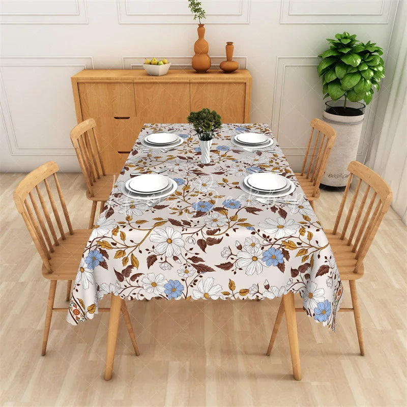 Lofaris Elegant Beige Floral Daisy Rectangle Tablecloth with White and Blue Flowers Scalloped Edge for Dining Kitchen Party