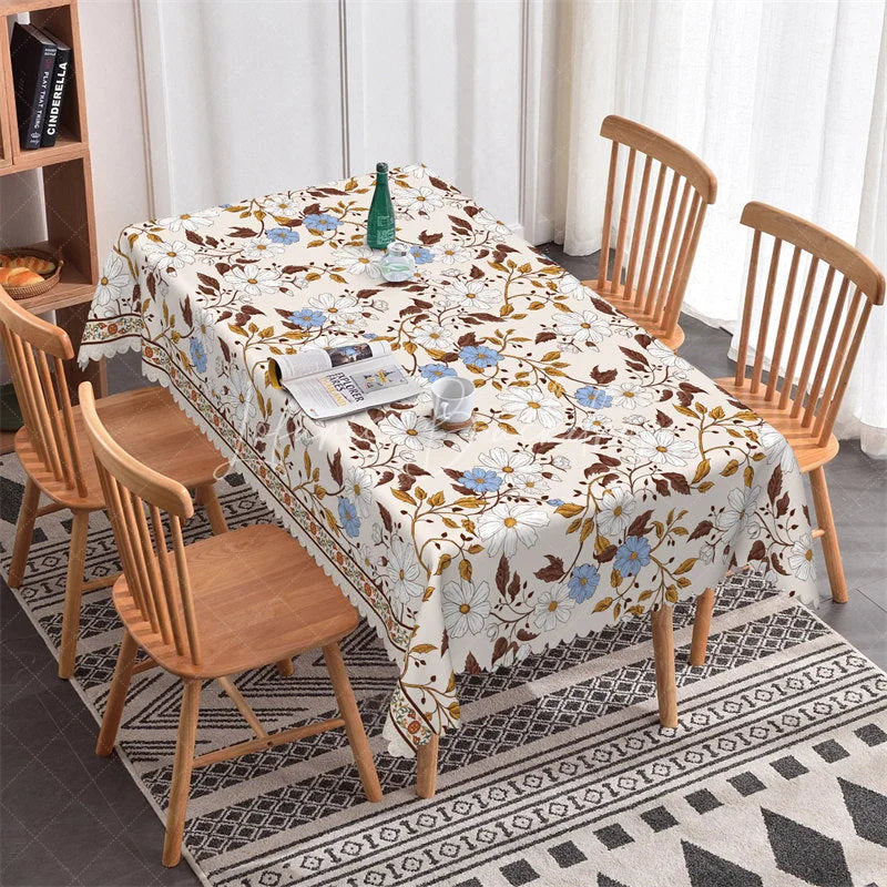 Lofaris Elegant Beige Floral Daisy Rectangle Tablecloth with White and Blue Flowers Scalloped Edge for Dining Kitchen Party