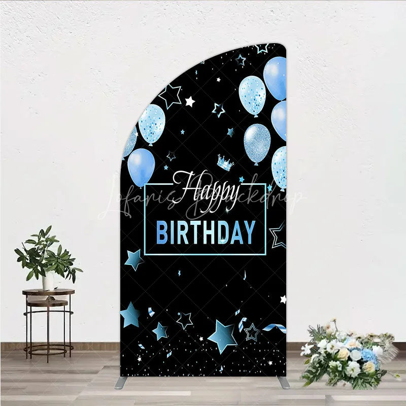 Lofaris Elegant Black and Blue Happy Birthday Half Moon Arch Backdrop Kit Festive Balloons Stars Crown Party Decor
