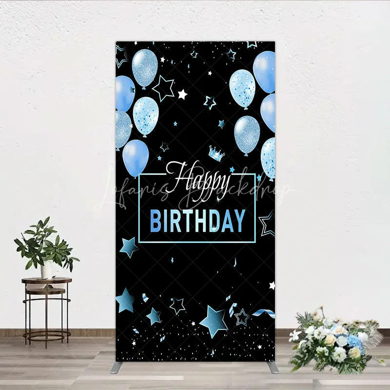 Lofaris Elegant Black and Blue Happy Birthday Rectangle Backdrop Kit Festive Balloons Stars Crown Party Decor