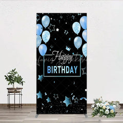 Lofaris Elegant Black and Blue Happy Birthday Rectangle Backdrop Kit Festive Balloons Stars Crown Party Decor
