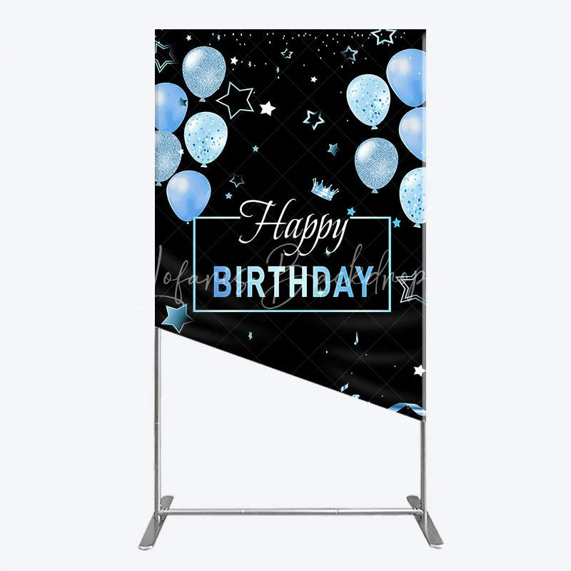 Lofaris Elegant Black and Blue Happy Birthday Rectangle Backdrop Kit Festive Balloons Stars Crown Party Decor