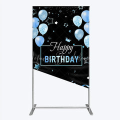 Lofaris Elegant Black and Blue Happy Birthday Rectangle Backdrop Kit Festive Balloons Stars Crown Party Decor