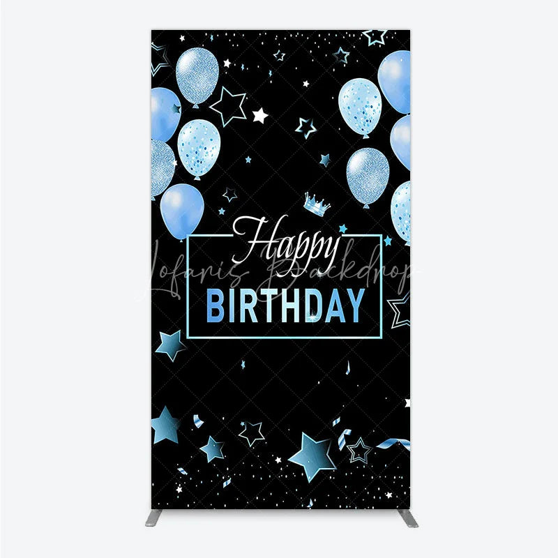 Lofaris Elegant Black and Blue Happy Birthday Rectangle Backdrop Kit Festive Balloons Stars Crown Party Decor