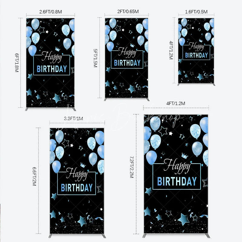Lofaris Elegant Black and Blue Happy Birthday Rectangle Backdrop Kit Festive Balloons Stars Crown Party Decor