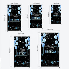 Lofaris Elegant Black and Blue Happy Birthday Rectangle Backdrop Kit Festive Balloons Stars Crown Party Decor