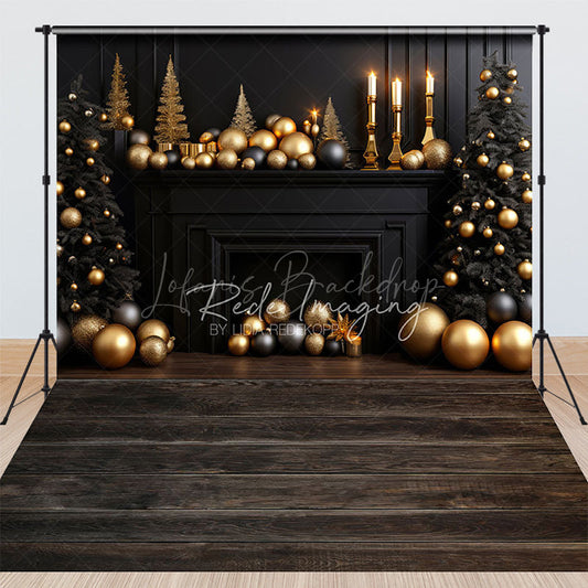 Lofaris Elegant Black and Gold Christmas Fireplace Combo Set Backdrop for Holiday Minis Professional Studio Decor