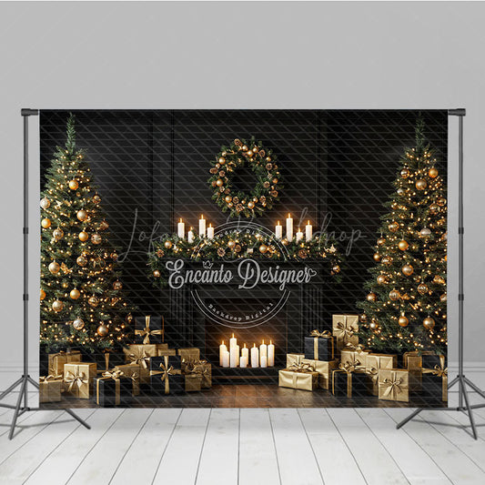 Lofaris Elegant Black and Gold Christmas Photography Backdrop Modern Fireplace with Trees Luxury Holiday Photo Background