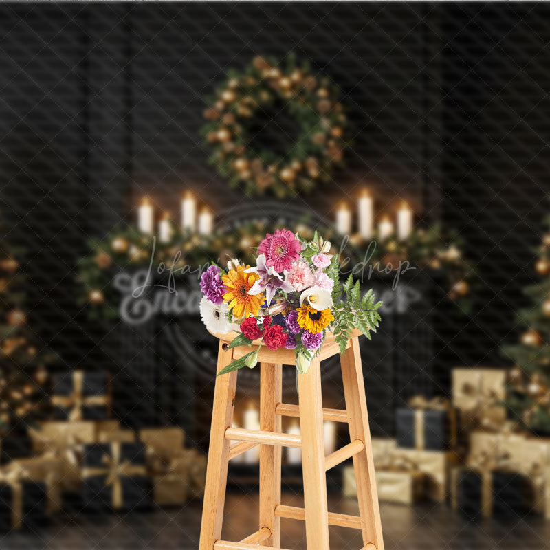 Lofaris Elegant Black and Gold Christmas Photography Backdrop Modern Fireplace with Trees Luxury Holiday Photo Background