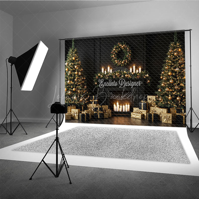 Lofaris Elegant Black and Gold Christmas Photography Backdrop Modern Fireplace with Trees Luxury Holiday Photo Background