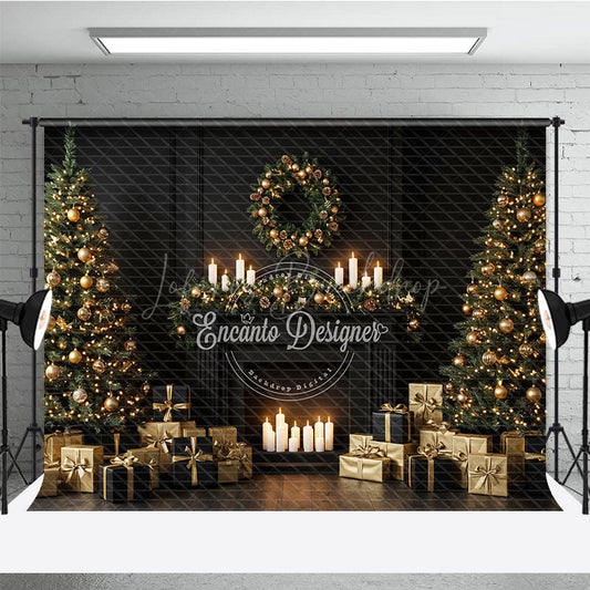 Lofaris Elegant Black and Gold Christmas Photography Backdrop Modern Fireplace with Trees Luxury Holiday Photo Background
