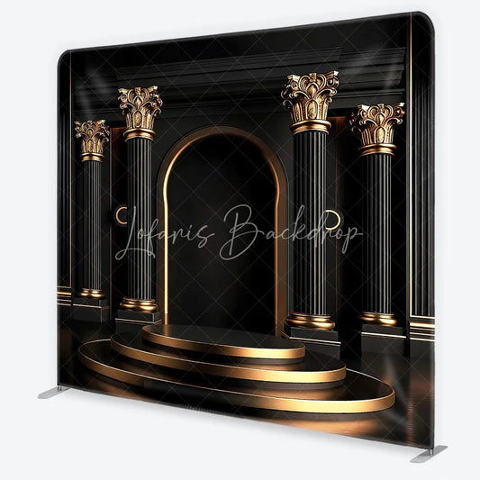 Lofaris Elegant Black and Gold Classical Columns Square Double-Sided Backdrop Archway Tiered Podium Photography Decor