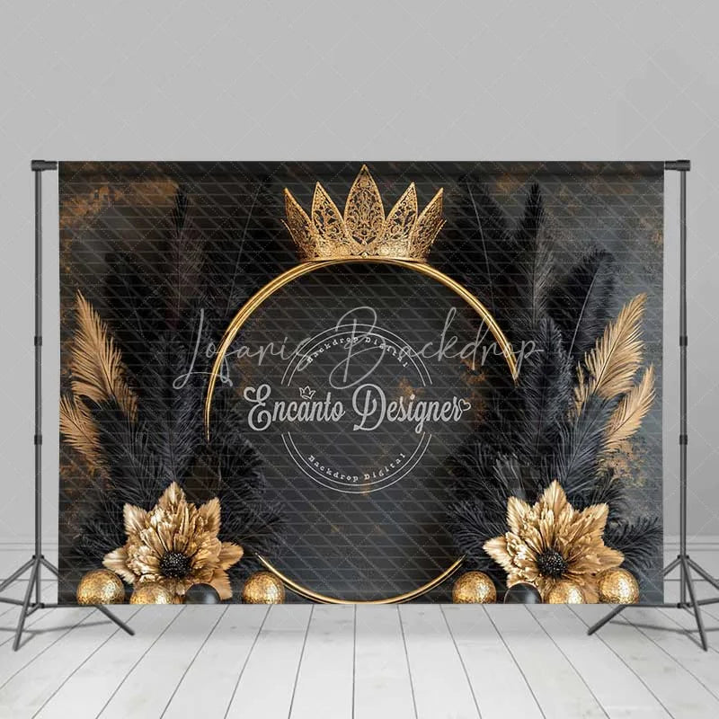 Lofaris Elegant Black and Gold Crown Combo Set Backdrop with Feathers Marble Floor