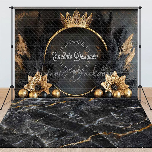 Lofaris Elegant Black and Gold Crown Combo Set Backdrop with Feathers Marble Floor