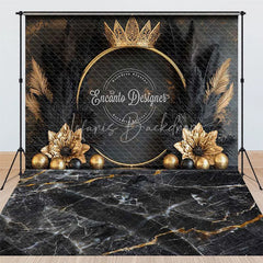 Lofaris Elegant Black and Gold Crown Combo Set Backdrop with Feathers Marble Floor