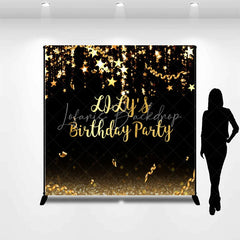 Lofaris Elegant Black and Gold Glitter Custom Birthday Party Backdrop featuring Sparkling Stars Confetti