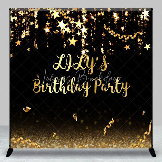 Lofaris Elegant Black and Gold Glitter Custom Birthday Party Backdrop featuring Sparkling Stars Confetti