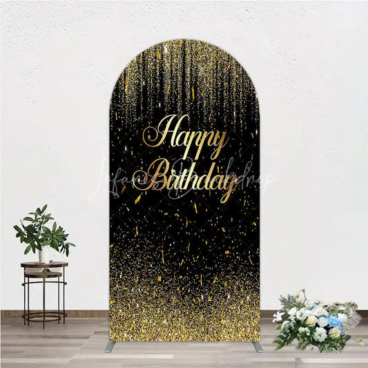Lofaris Elegant Black and Gold Glitter Happy Birthday Round Top Arch Backdrop Sparkling Confetti Party Decor