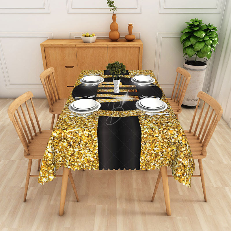 Lofaris Elegant Black and Gold Glitter Tablecloth Modern Sparkle Decor for Birthday Anniversary or Holiday Party